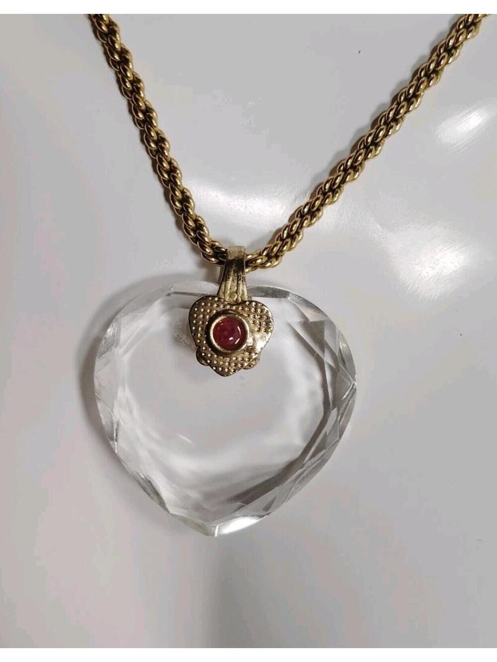Vintage Monet Rope Chain w Faceted Edge Heart Pendant W Genuine Ruby 16"